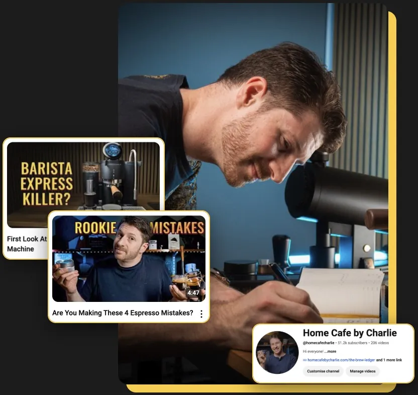 Charlie writing in The Brew Ledger, with Home Cafe by Charlie YouTube videos